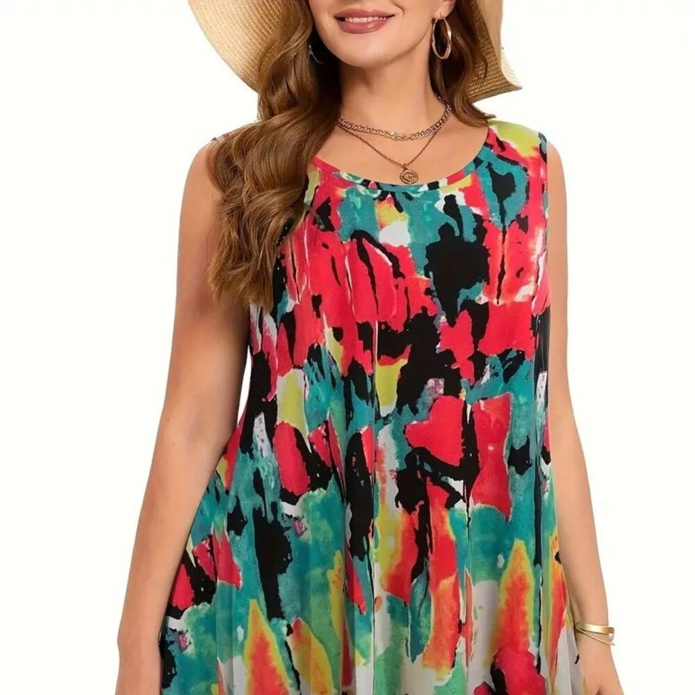 Women's Plus Size Vacation Vibes Tie Dye Crew Neck Summer Fashion Tank Top 14W